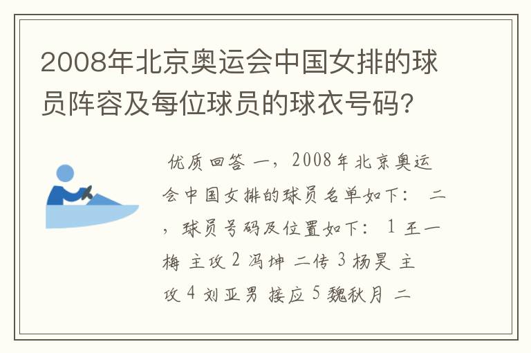 2008年北京奥运会中国女排的球员阵容及每位球员的球衣号码?