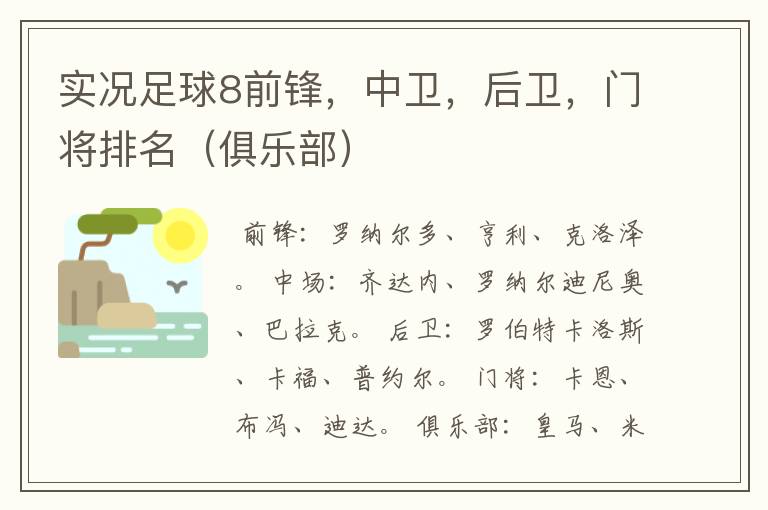 实况足球8前锋,中卫,后卫,门将排名(俱乐部)