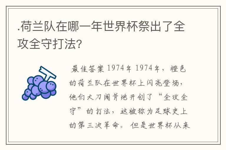 .荷兰队在哪一年世界杯祭出了全攻全守打法?