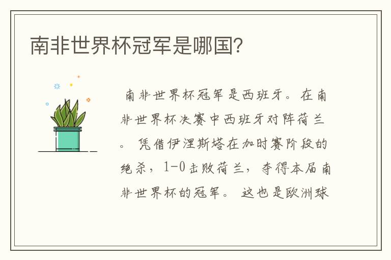 南非世界杯冠军是哪国?