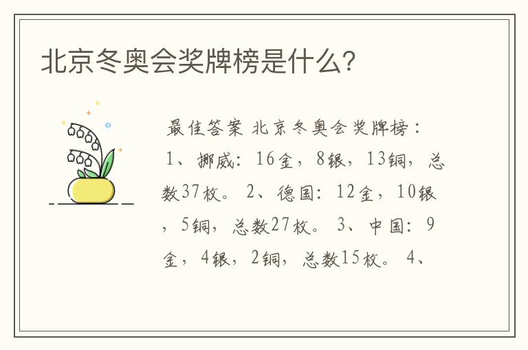 北京冬奥会奖牌榜是什么?