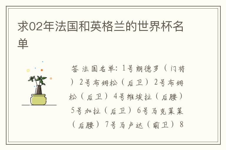 求02年法国和英格兰的世界杯名单