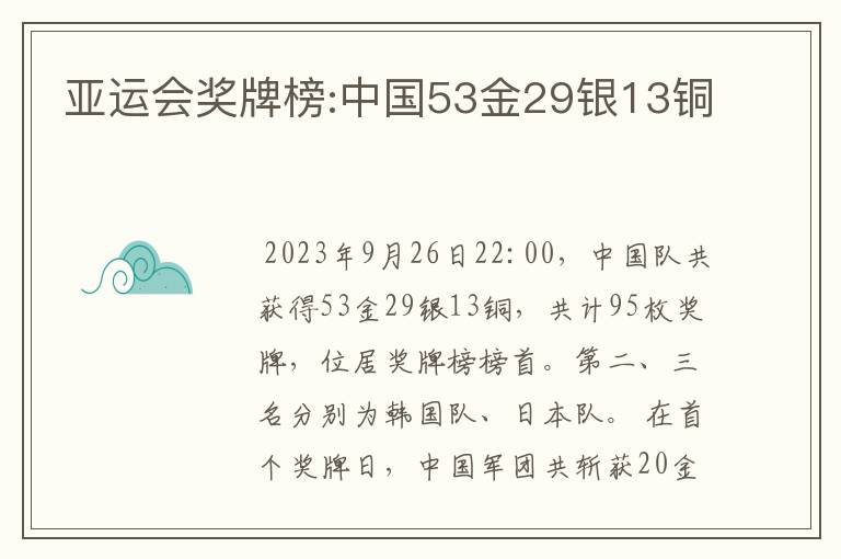 亚运会奖牌榜:中国53金29银13铜