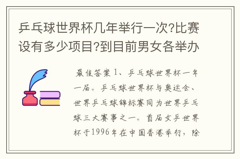 乒乓球世界杯几年举行一次?比赛设有多少项目?到目前男女各举办了几届