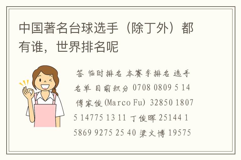 中国著名台球选手(除丁外)都有谁,世界排名呢