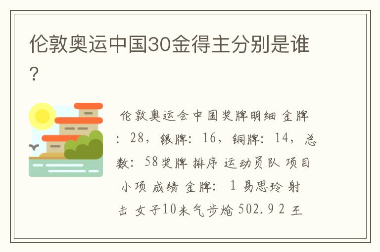 伦敦奥运中国30金得主分别是谁?