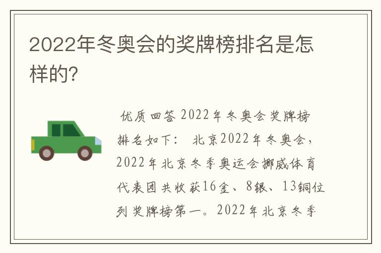 2022年冬奥会的奖牌榜排名是怎样的?