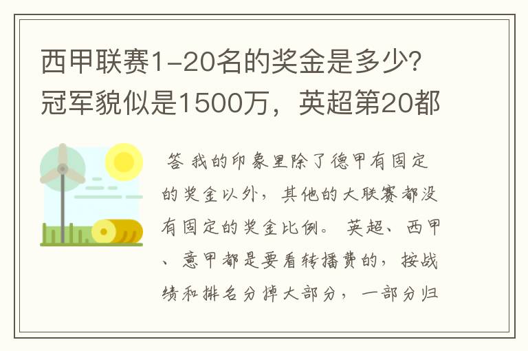 西甲联赛1-20名的奖金是多少?冠军貌似是1500万,英超第20都是4000万呀!