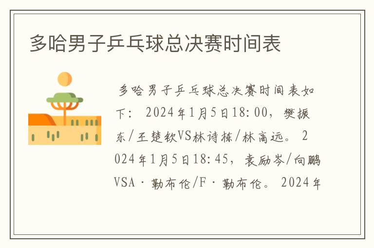 多哈男子乒乓球总决赛时间表