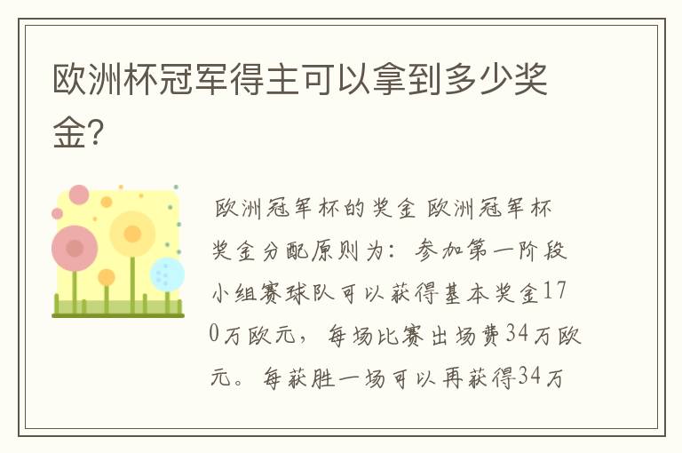 欧洲杯冠军得主可以拿到多少奖金?