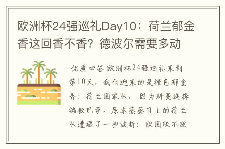 欧洲杯24强巡礼Day10:荷兰郁金香这回香不香?德波尔需要多动脑