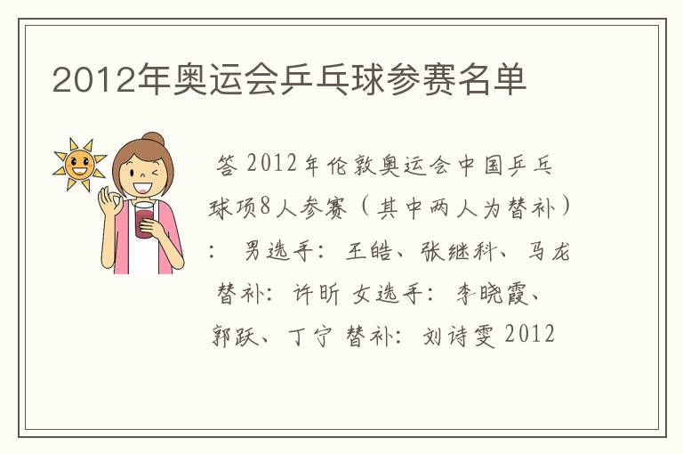 2012年奥运会乒乓球参赛名单
