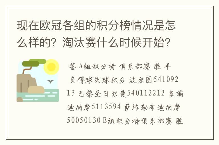 现在欧冠各组的积分榜情况是怎么样的?淘汰赛什么时候开始?