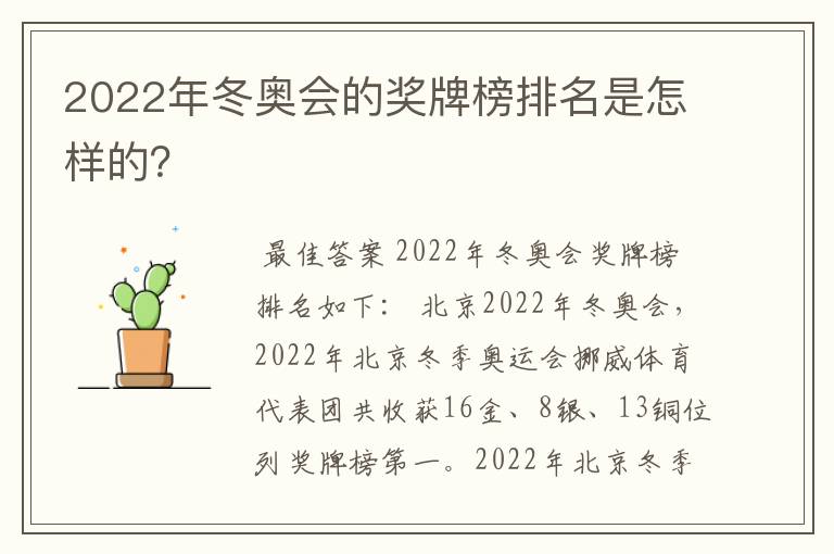 2022年冬奥会的奖牌榜排名是怎样的?
