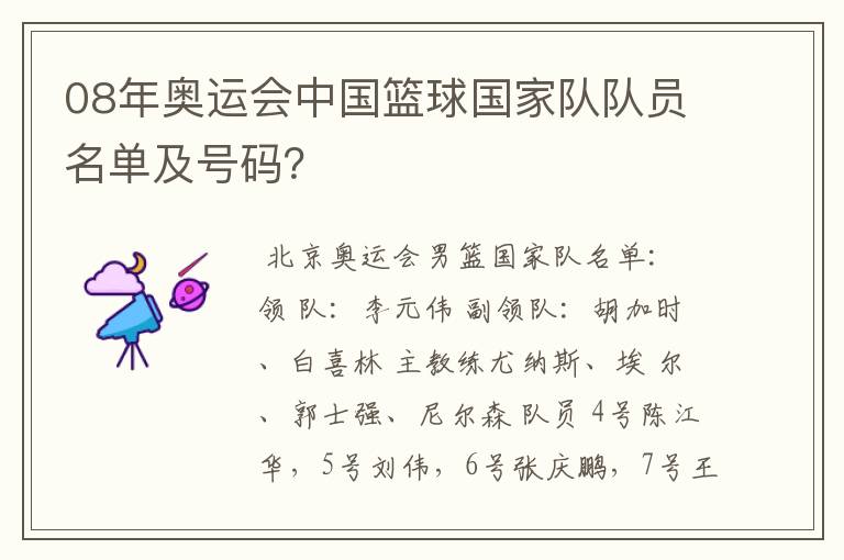 08年奥运会中国篮球国家队队员名单及号码?