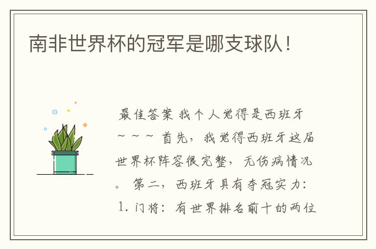 南非世界杯的冠军是哪支球队!