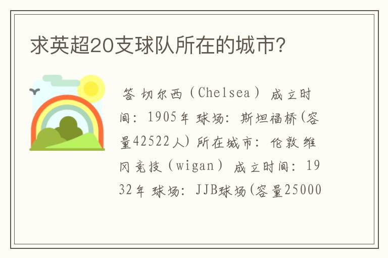 求英超20支球队所在的城市?