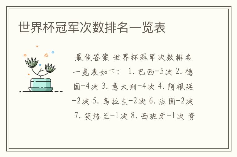 世界杯冠军次数排名一览表