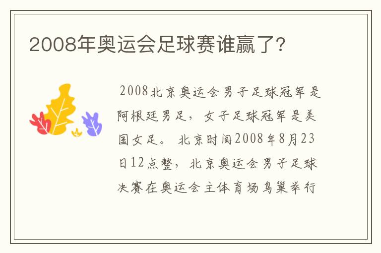 2008年奥运会足球赛谁赢了?