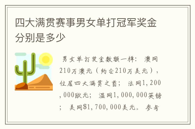 四大满贯赛事男女单打冠军奖金分别是多少
