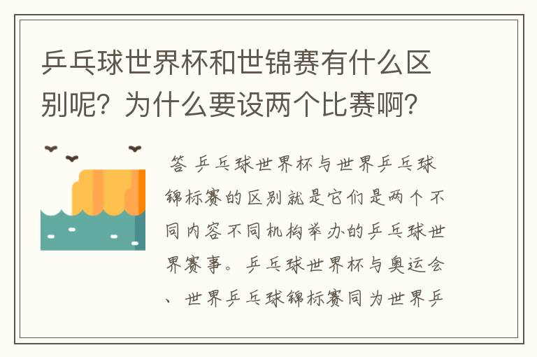 乒乓球世界杯和世锦赛有什么区别呢?为什么要设两个比赛啊?