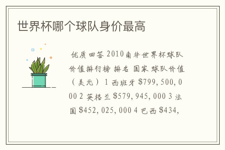 世界杯哪个球队身价最高