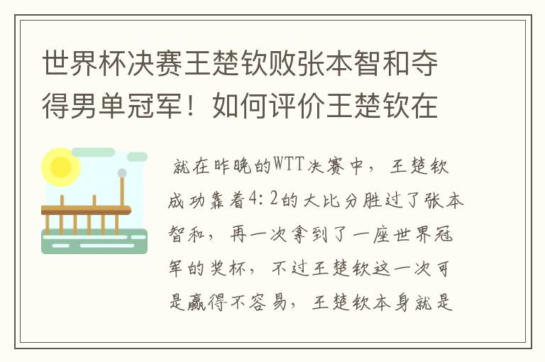 世界杯决赛王楚钦败张本智和夺得男单冠军!如何评价王楚钦在决赛中的表现?