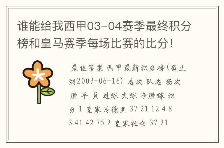 谁能给我西甲03-04赛季最终积分榜和皇马赛季每场比赛的比分!