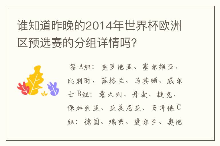 谁知道昨晚的2014年世界杯欧洲区预选赛的分组详情吗?