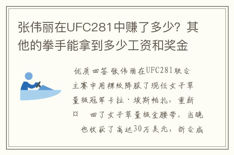 张伟丽在UFC281中赚了多少?其他的拳手能拿到多少工资和奖金?