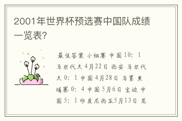 2001年世界杯预选赛中国队成绩一览表？