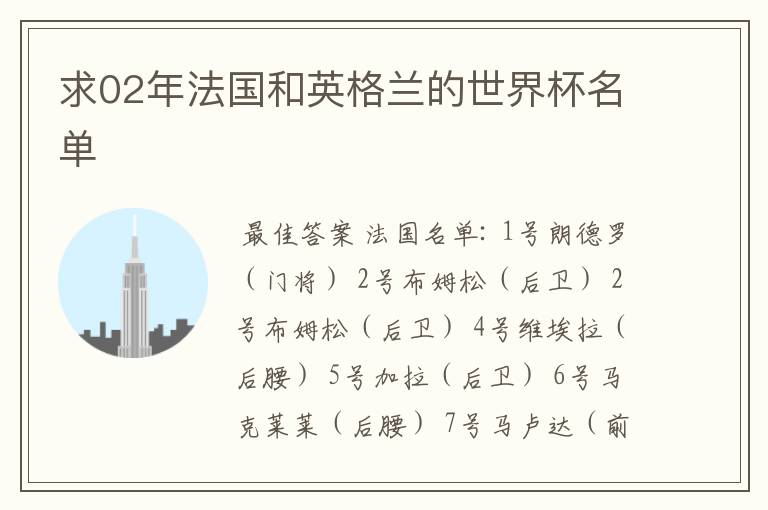 求02年法国和英格兰的世界杯名单