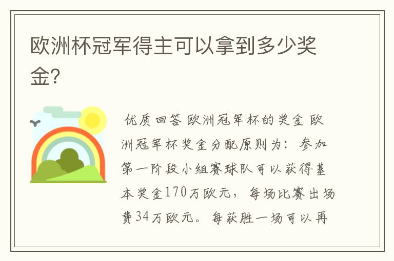 欧洲杯冠军得主可以拿到多少奖金?