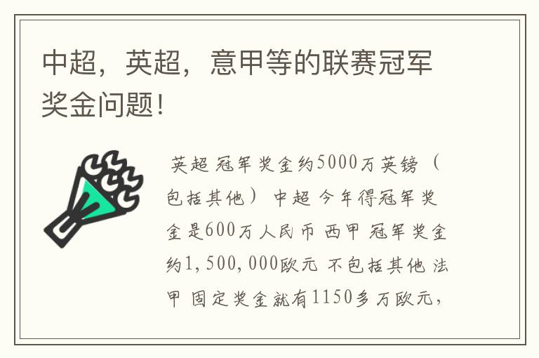 中超,英超,意甲等的联赛冠军奖金问题!