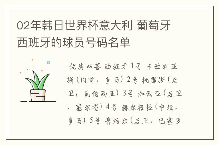 02年韩日世界杯意大利 葡萄牙 西班牙的球员号码名单