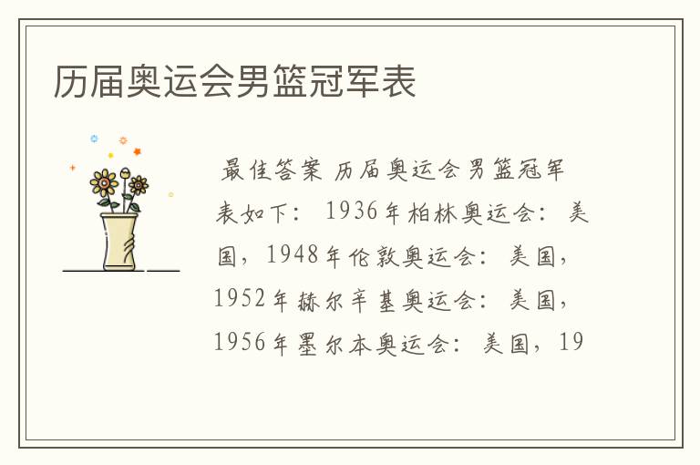 历届奥运会男篮冠军表