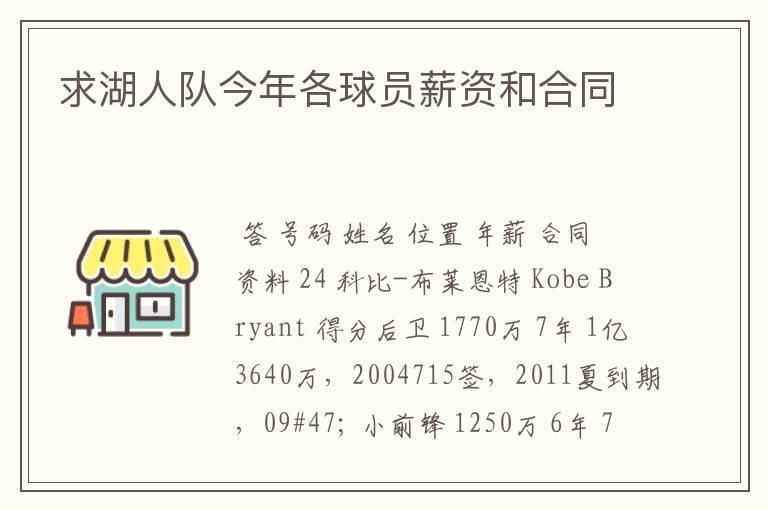 求湖人队今年各球员薪资和合同