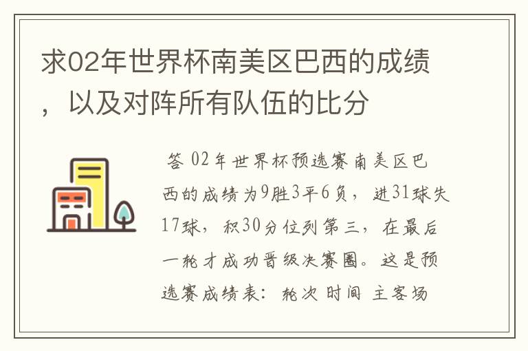 求02年世界杯南美区巴西的成绩,以及对阵所有队伍的比分