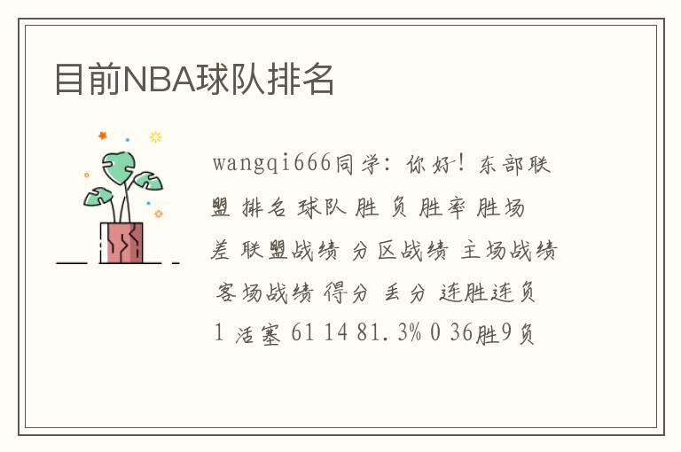 目前NBA球队排名