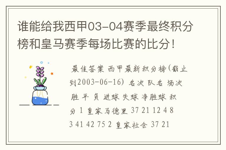 谁能给我西甲03-04赛季最终积分榜和皇马赛季每场比赛的比分!