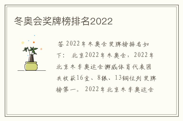 冬奥会奖牌榜排名2022