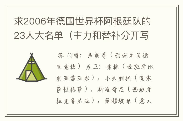 求2006年德国世界杯阿根廷队的23人大名单(主力和替补分开写)。