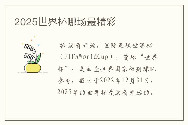 2025世界杯哪场最精彩