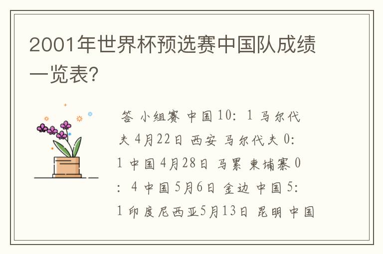 2001年世界杯预选赛中国队成绩一览表?