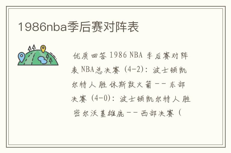 1986nba季后赛对阵表