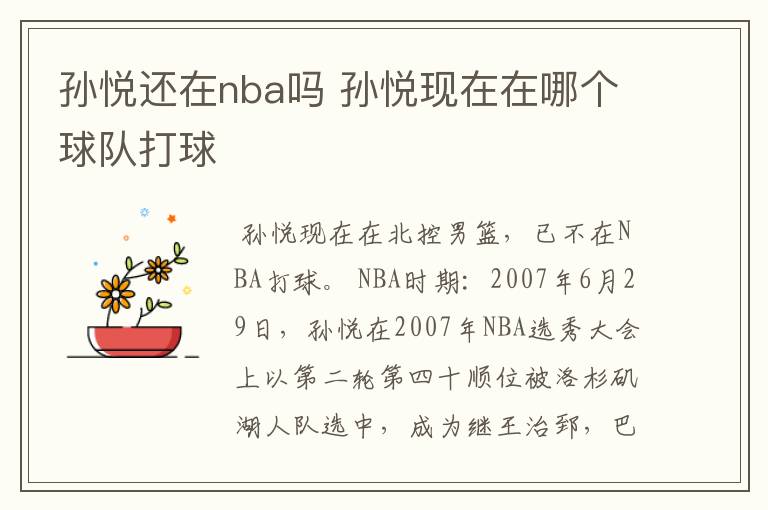 孙悦还在nba吗 孙悦现在在哪个球队打球