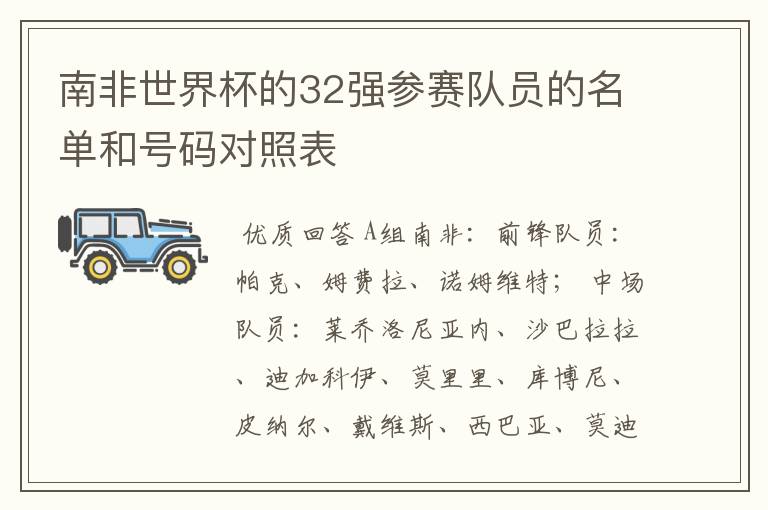 南非世界杯的32强参赛队员的名单和号码对照表