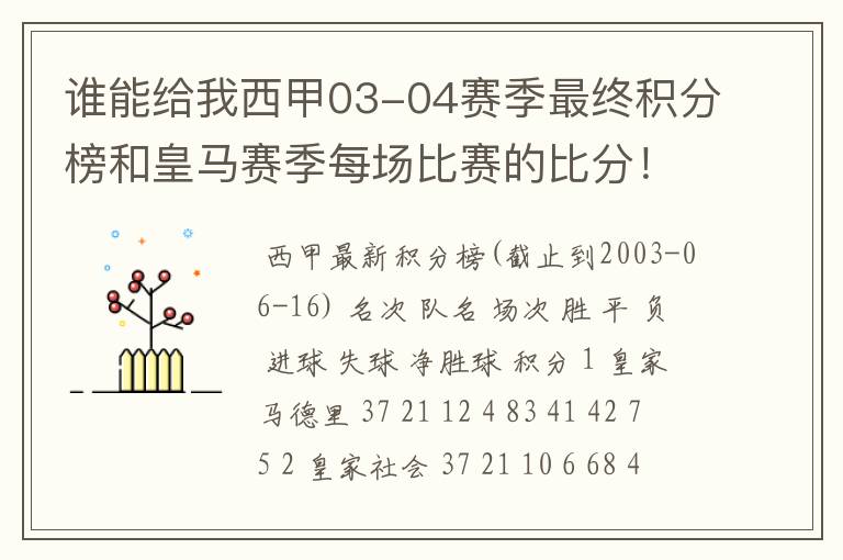 谁能给我西甲03-04赛季最终积分榜和皇马赛季每场比赛的比分!