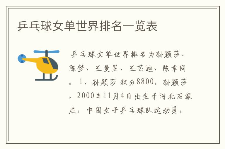 乒乓球女单世界排名一览表
