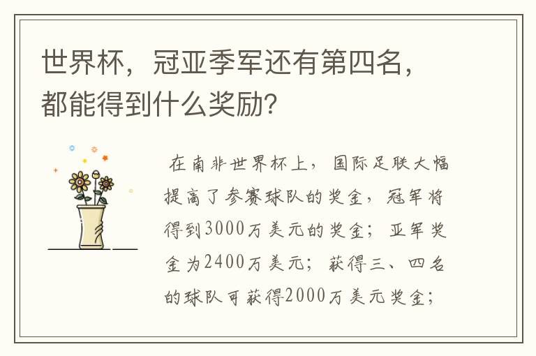 世界杯，冠亚季军还有第四名，都能得到什么奖励？